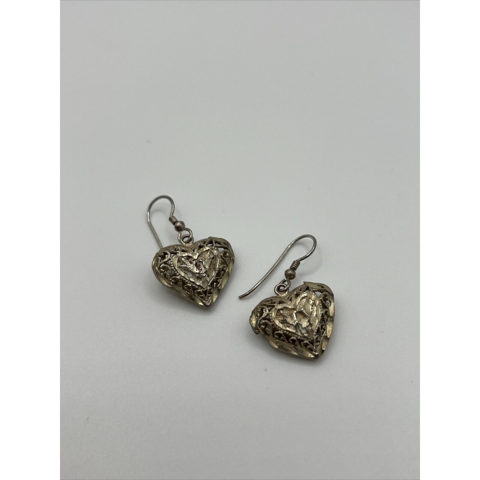 Filigree Cutout Work Love Heart Earrings 925 Continental Lower Grade Silver